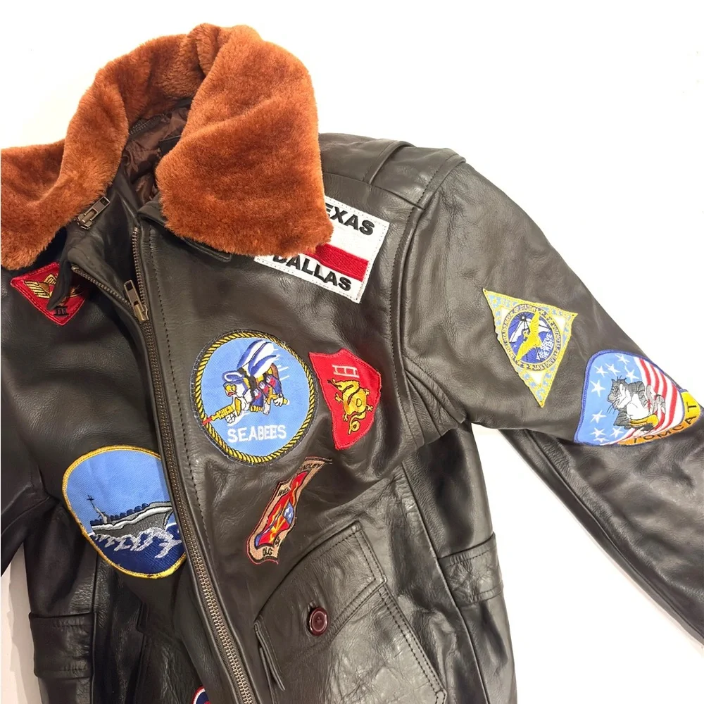 Men's Cockpit Aviator Leather Bomber Jacket with Patches L Large - Picture 13 of 16